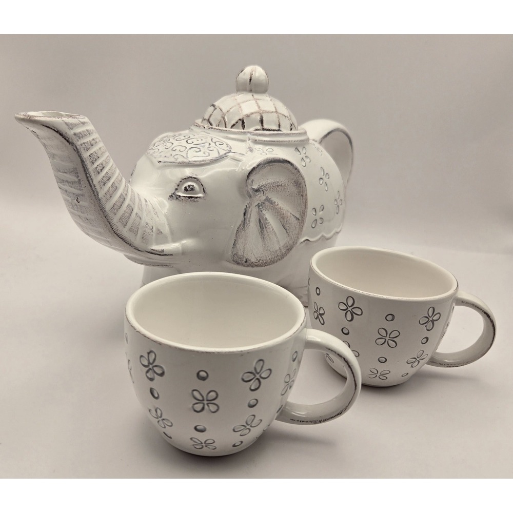 Elephant Teapot Pair Cups 222 Fifth "Caravan"  White Ivory‎ Solid Color...